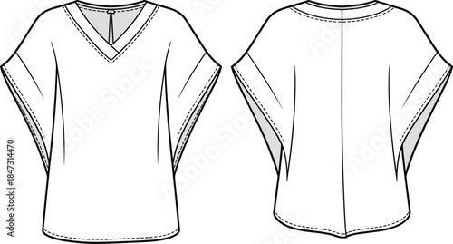 Women loose fit V neck top front and back view, apparel technical sketch, cad drawing flat vector illustration