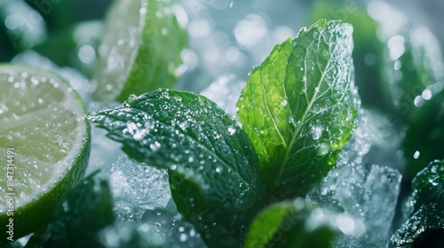 Refreshing mojito ingredients, Vibrant lime slices and fresh mint leaves