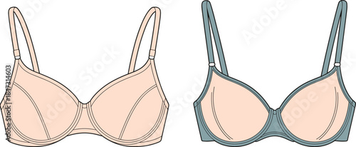 Women's seamless bra underwear design, modern lingerie fashion illustration, adjustable strap apparel, technical clothing artwork, cad drawing flat vector illustration