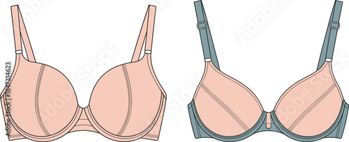 Women's padded bra lingerie set, modern underwear fashion design, adjustable straps apparel, cad drawing flat vector illustration, technical apparel artwork
