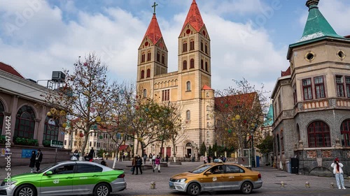 St. Michael's Cathedral Qingdao Shandong China Time Lapse Motion Video Historic Architecture City Square
