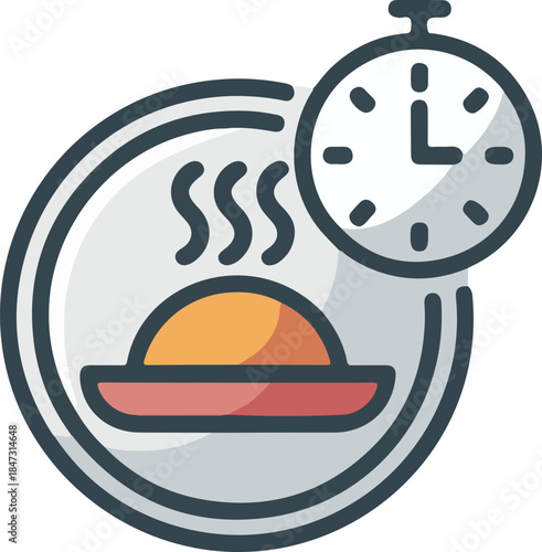 Hot food delivery vector icon showing a steaming dish with a timer symbolizing quick service and meal preparation