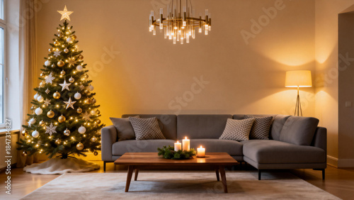 Cozy living room decorated for Christmas with a lit tree, candles, and modern furniture