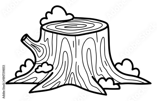 Old tree stump with growth rings and roots hand drawn illustration