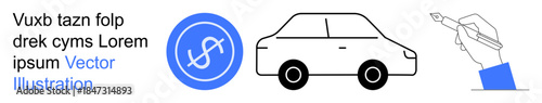 Finance, travel, digital wallet, automobile transport, creativity, design tools. A dollar money symbol, a car and a hand holding a pen. Finance and travel-themed conceptual icons