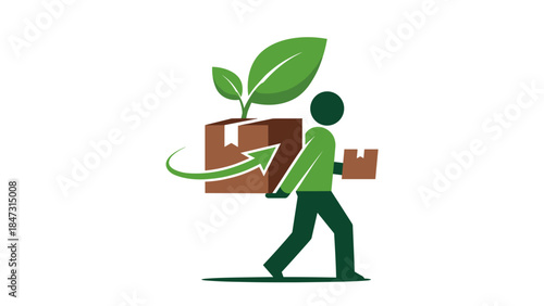 Cartoon illustration person carries green package with plant symbolizing sustainable eco-friendly delivery isolated on white background