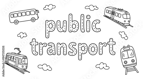 Hand drawn public transport typography with bus tram and train illustrations