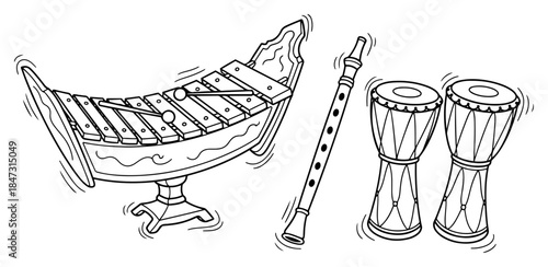 Traditional Thai musical instruments line art illustration with xylophone and drums