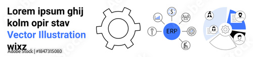 Gear surrounded by linked icons representing ERP system functionalities thumbs up logistics, analytics, and HR. Ideal for business automation, process management, teamwork, enterprise solutions