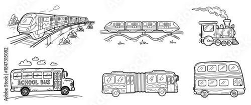 Collection of public transport doodles featuring trains and buses