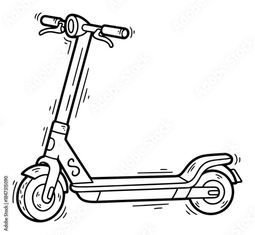Electric kick scooter vehicle illustration in black and white line art style