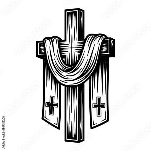 Christian wooden cross with draped cloth representing resurrection and faith