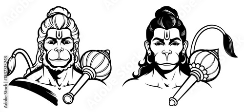 Illustration of lord hanuman holding a mace in two styles