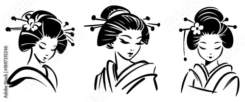 Artistic black and white ink illustrations of three Japanese geisha women wearing traditional kimonos