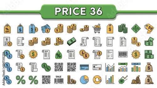 Vibrant collection of cartoon-style finance money payment accounting business icons isolated on white background