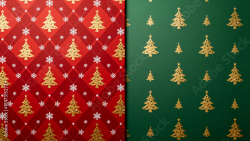 Red and green Christmas wrapping paper with gold trees and snowflakes