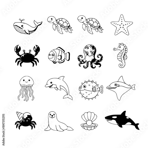 vector set icons of sea animals