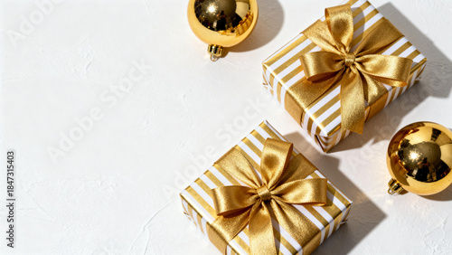 Two gold and white striped gift boxes with golden bows and ornaments on a white surface