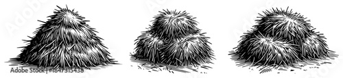 Three hand drawn sketches of haystacks and straw piles