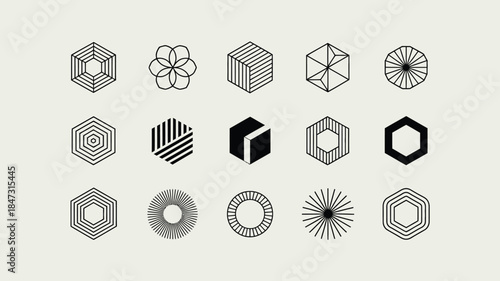 A captivating assortment of black and white geometric shapes featuring various hexagonal and circular outlines