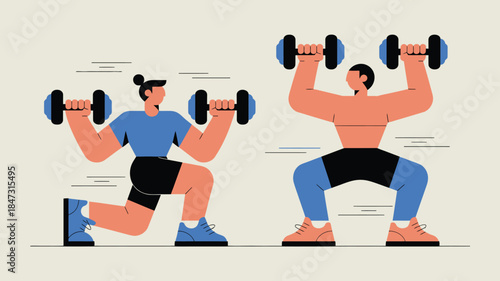 A cartoon woman performing lunges and a man doing squats with dumbbells for exercise