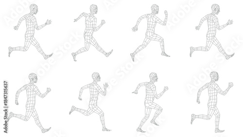Collection of gray wireframe male figures depicting various running strides and body positions