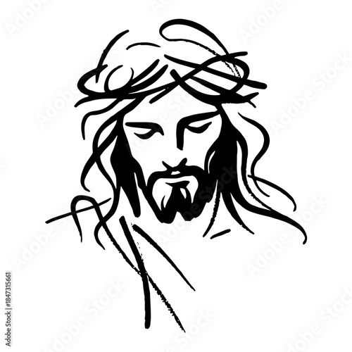 Stylized black and white ink sketch of Jesus Christ face wearing crown of thorns