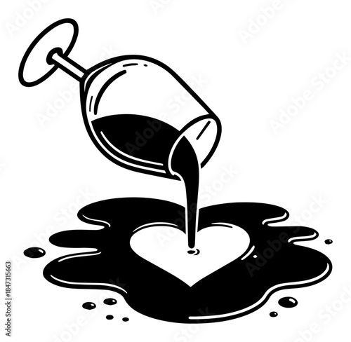 Black and white doodle of wine glass spilling liquid into a heart shape