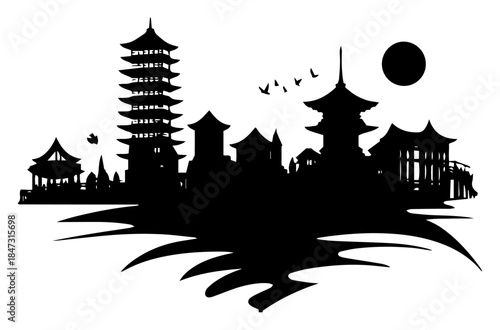Silhouette illustration of traditional asian pagoda temple landscape with birds and sun