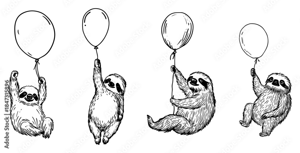 Obraz premium Set of cute cartoon sloths hanging and flying with balloons