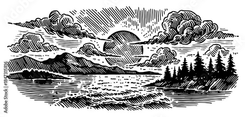 Scenic landscape with mountains lake and pine forest in woodcut engraving style