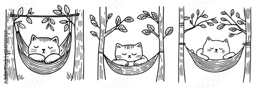 Cute hand drawn cat sleeping in a hammock between two trees