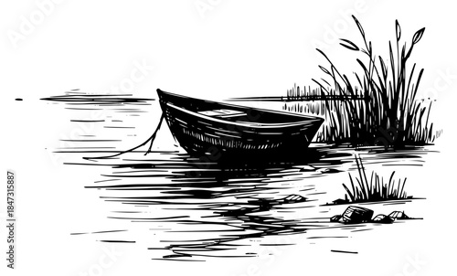 Sketch of a wooden rowboat floating on water near the reeds