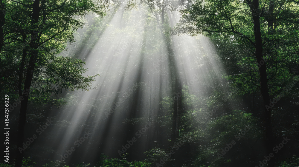 Fototapeta premium Sunlight beams forest mist creating serene atmosphere