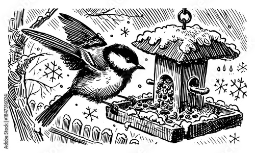 Flying bird landing on wooden bird feeder with seeds during winter snowfall