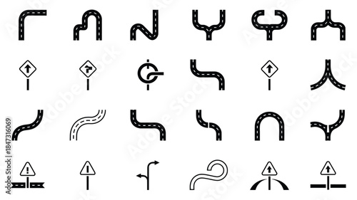 Collection of various black and white road segments and essential traffic signs on a clean white background