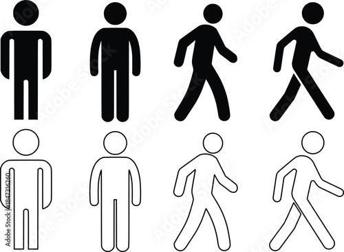 Set of eight simple silhouette and outline human figures in standing and walking poses vector illustration