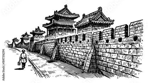 Great wall of china vintage engraving illustration with a traveler walking on the path