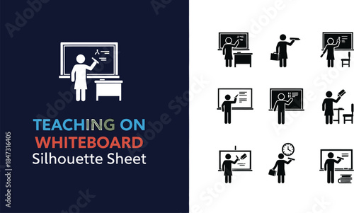 Silhouette sheet of teachers presenting lessons and classroom activities