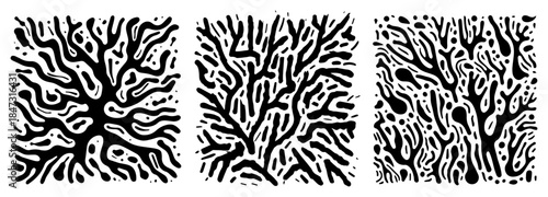 Organic branching root and coral nature textures in black and white