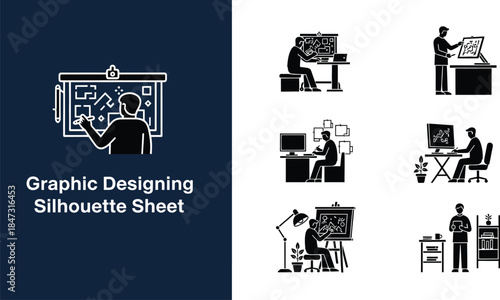 Silhouette sheet of graphic designers working on creative projects and presentations