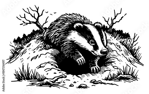 Cute badger coming out of a burrow woodcut illustration