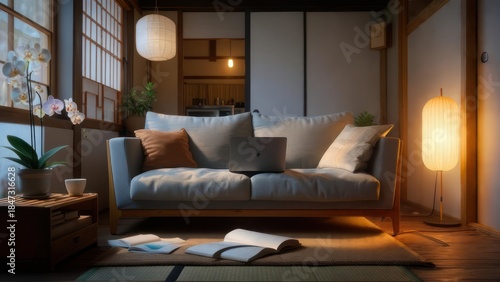 Serene Japanese Interior with Couch and Soft Lighting.
