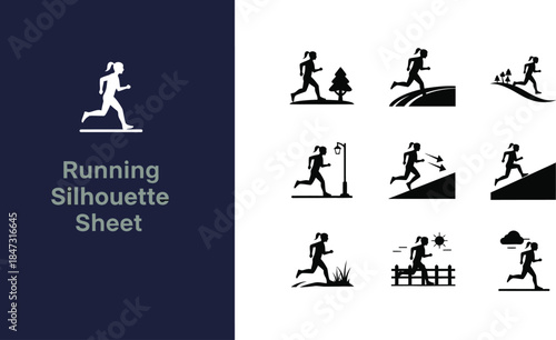 Silhouette sheet of female running activities for fitness and outdoor exercise