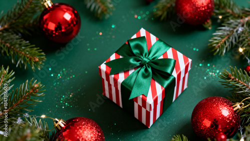 A small red and white striped gift box with a green ribbon, surrounded by red ornaments and pine branches on a green background.