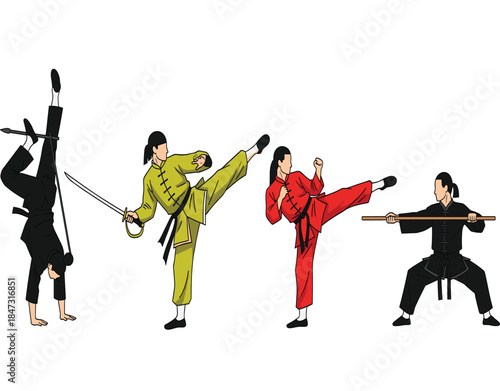 Set of Female Martial Arts Poses Vector Illustration with Sword Staff and High Kicks for Kung Fu or Wushu.