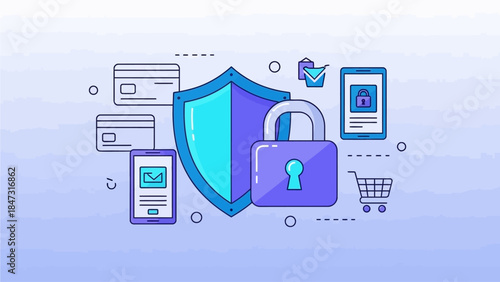 Secure Online Shopping and Data Protection Flat Illustration