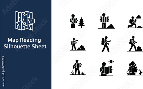 Silhouette sheet of hikers navigating terrain using topographical maps