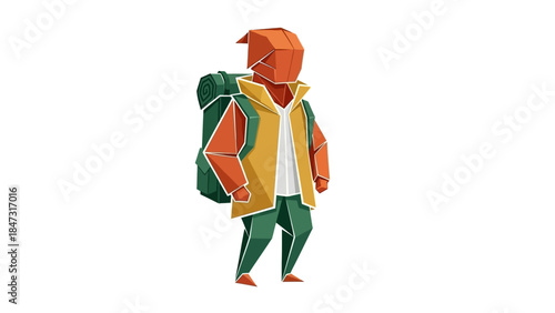 Geometric Low Poly Traveler with Backpack - Modern Abstract Adventure Illustration