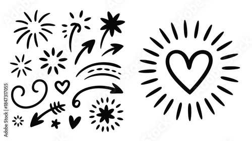 Diverse collection of hand sketched doodle elements featuring arrows, starbursts, and a glowing heart outline